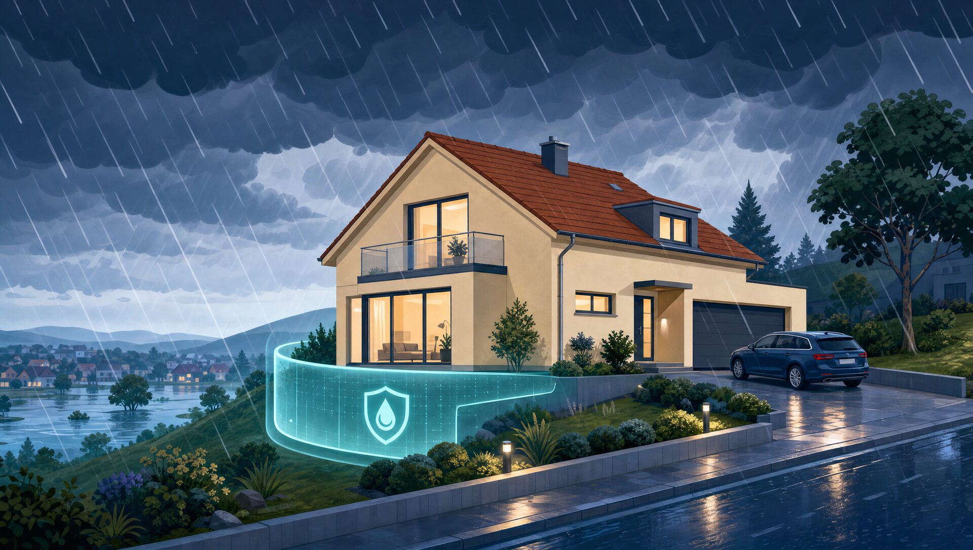 Haus im Starkregen mit Schutzschild